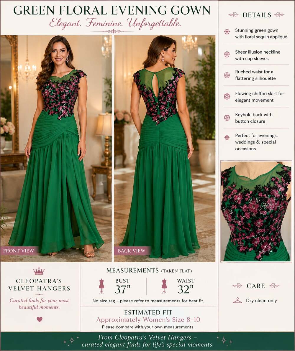 Green Floral Sequin Appliqué Evening Gown Size 8-10